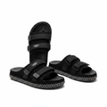 Black UGG-style double-strap velcro slide sandal ghost mannequin product shot, plain white background