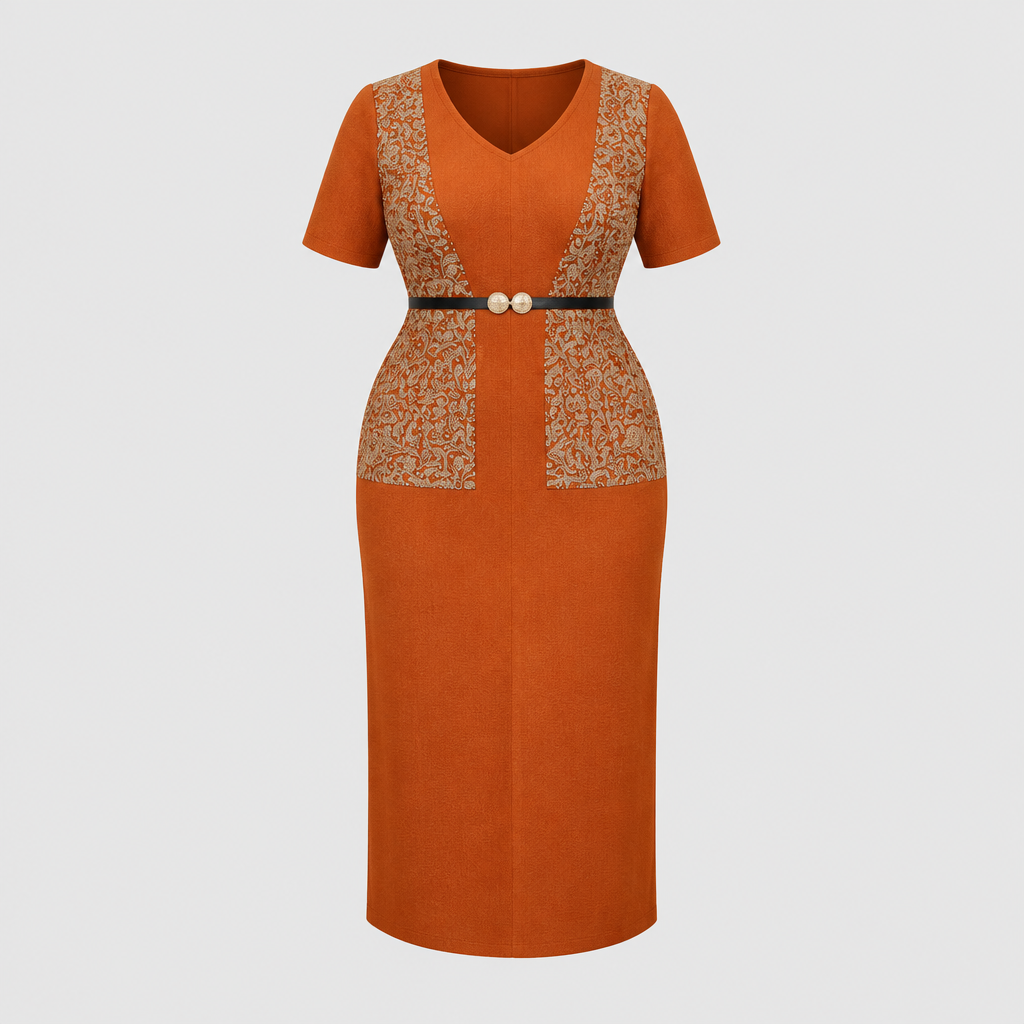 Burnt orange patterned panel midi dress
