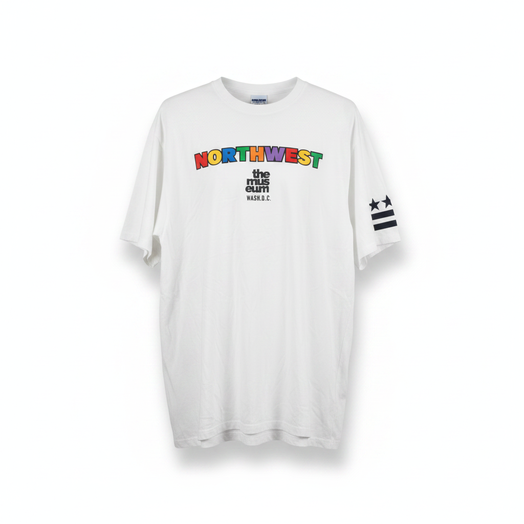 Ghost mannequin view of white oversized tee with bold multicolour Northwest text graphic and star sleeve detail