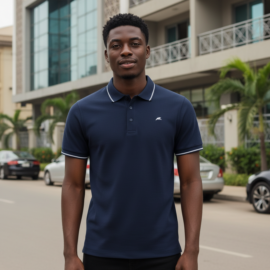Young Nigerian male model wearing navy blue white tipped polo shirt, front view, Nigerian urban background