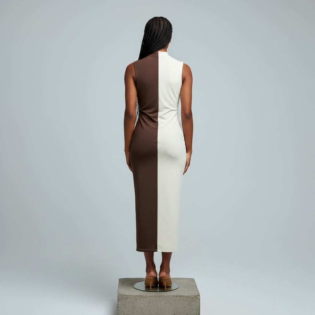 Nigerian female model back view - brown white colour block sleeveless dress