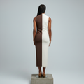 Nigerian female model back view - brown white colour block sleeveless dress