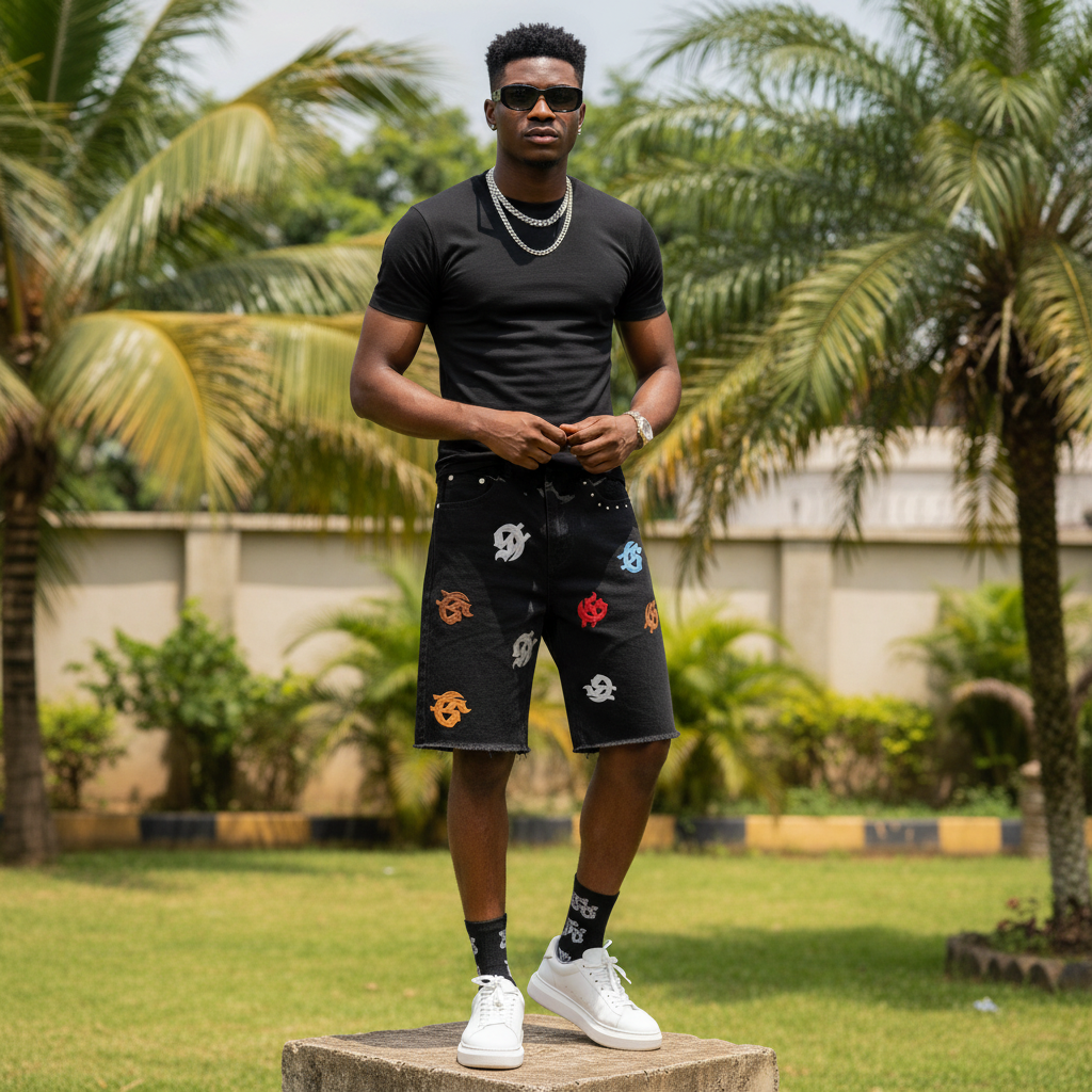 Nigerian male model wearing men's black multicolour gothic monogram patch rhinestone denim shorts streetwear style