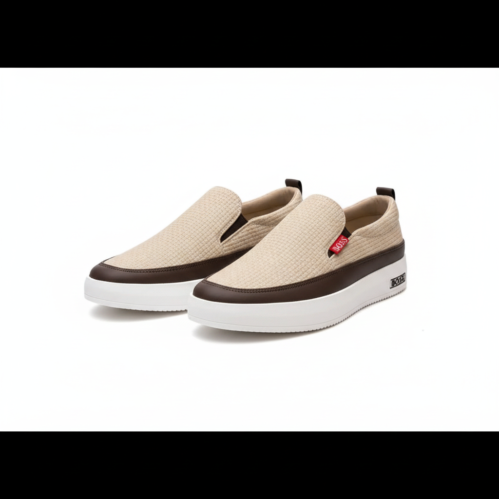 Men's Beige Woven-Texture Slip-On Sneaker – Ghost Mannequin Pair Front and Side View