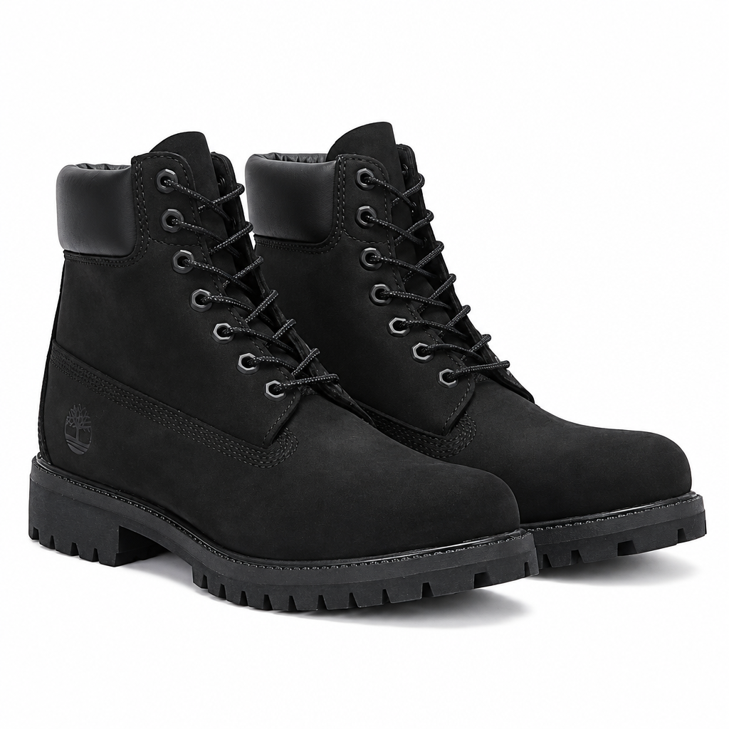Pair of black padded-collar lug-sole boots on white