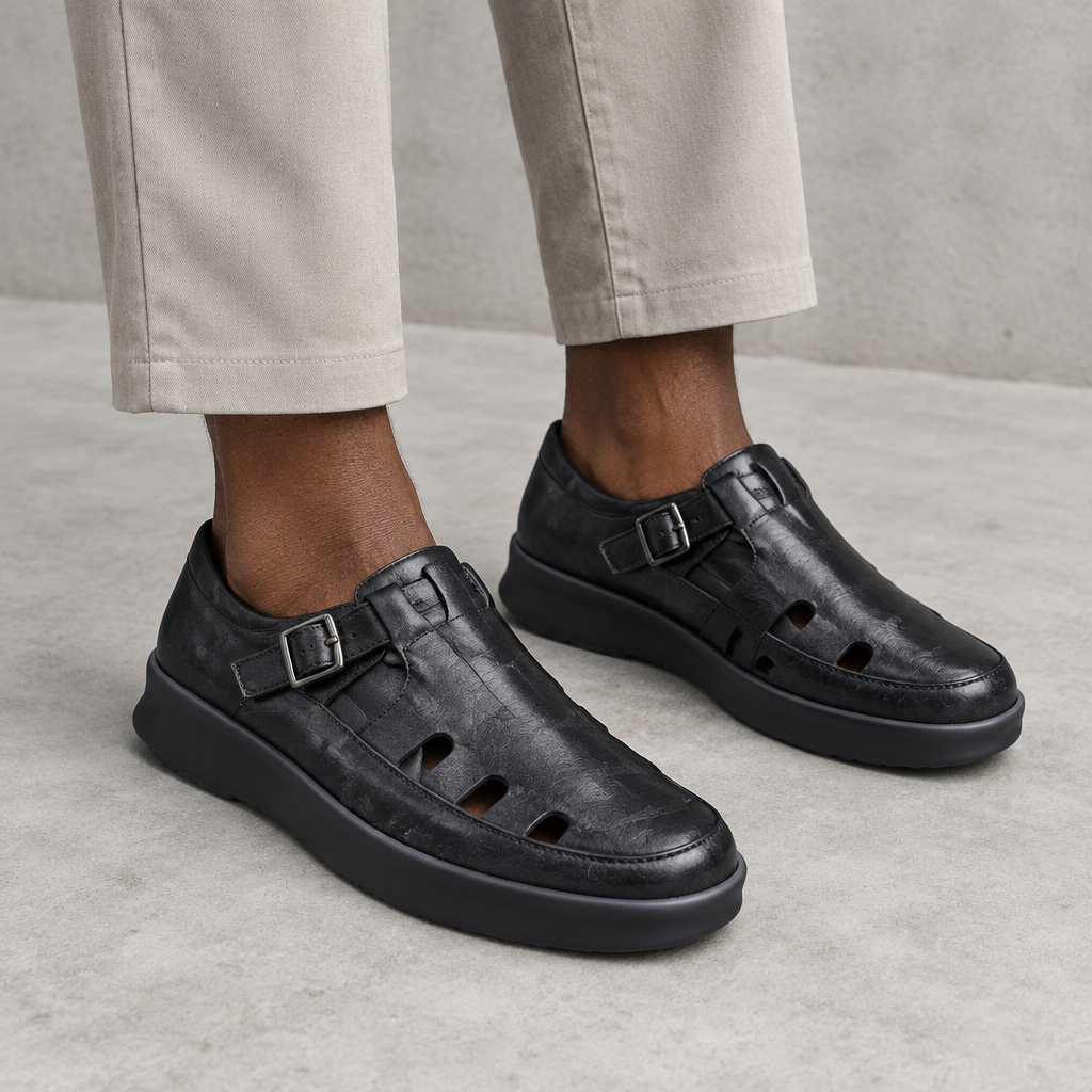 Men's black cutout strap shoes with buckle worn on both feet