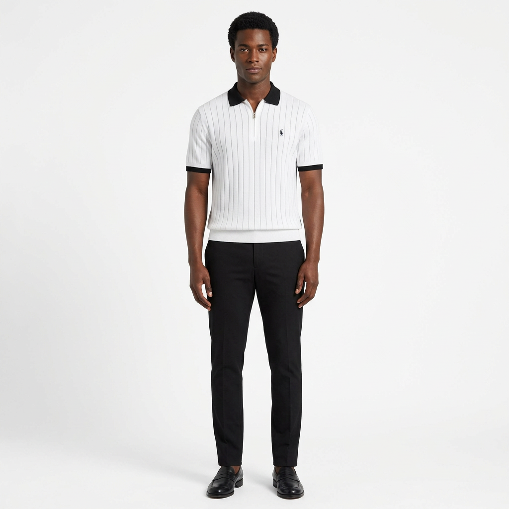 Full-body adult Black man wearing a white black-trim zip-neck polo