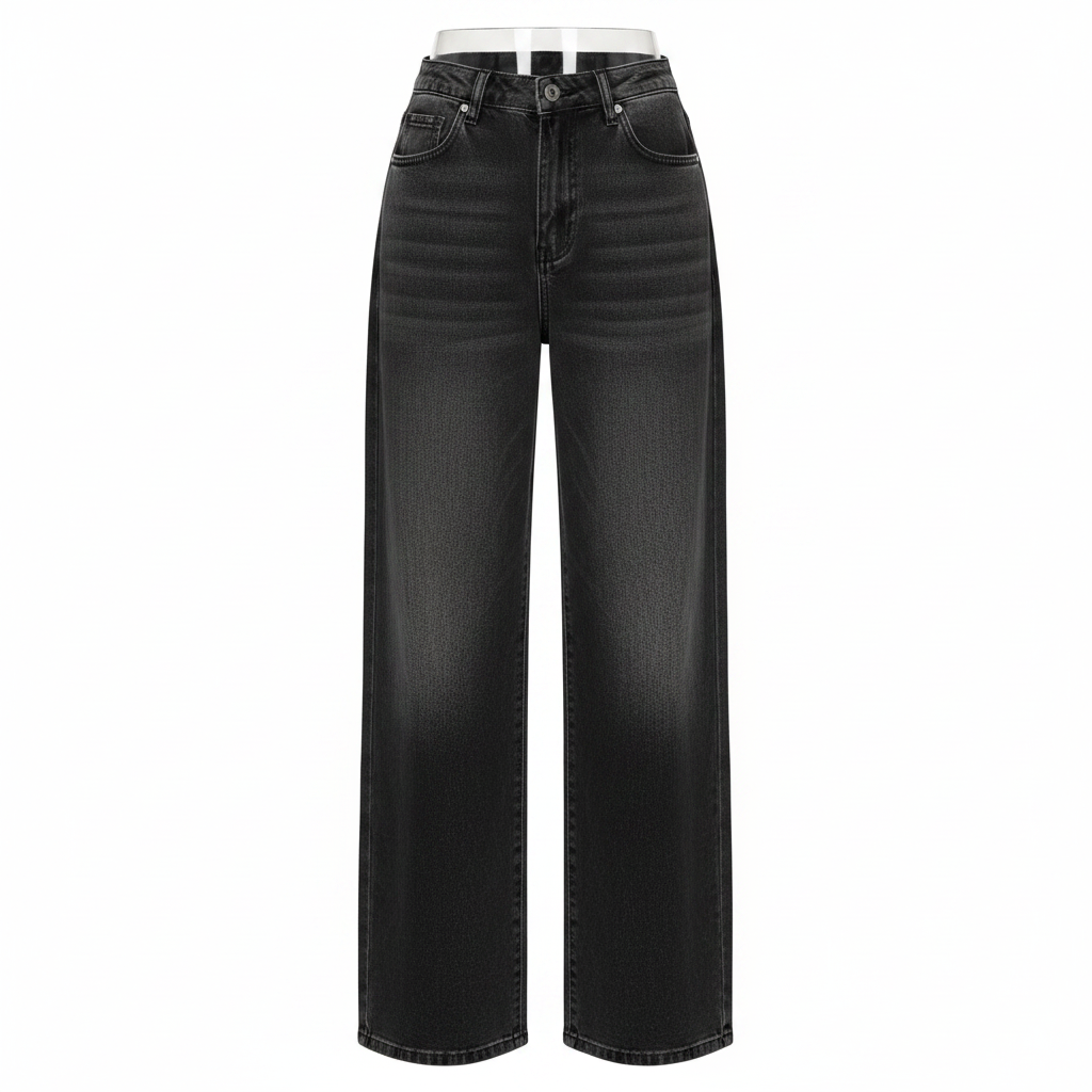 Charcoal Grey Washed Wide-Leg Jeans - Ghost Mannequin Front