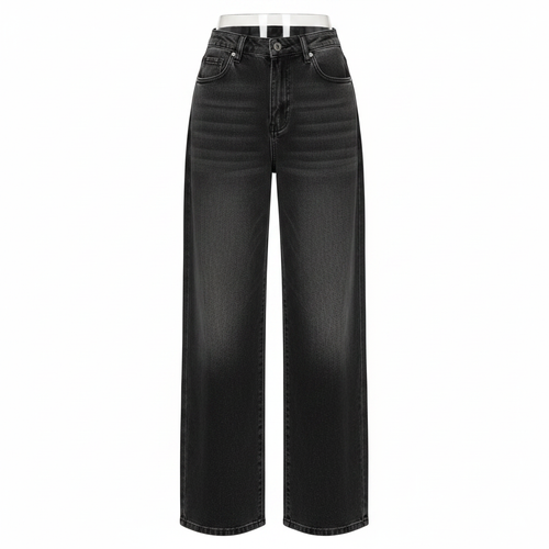 Charcoal Grey Washed Wide-Leg Jeans - Ghost Mannequin Front