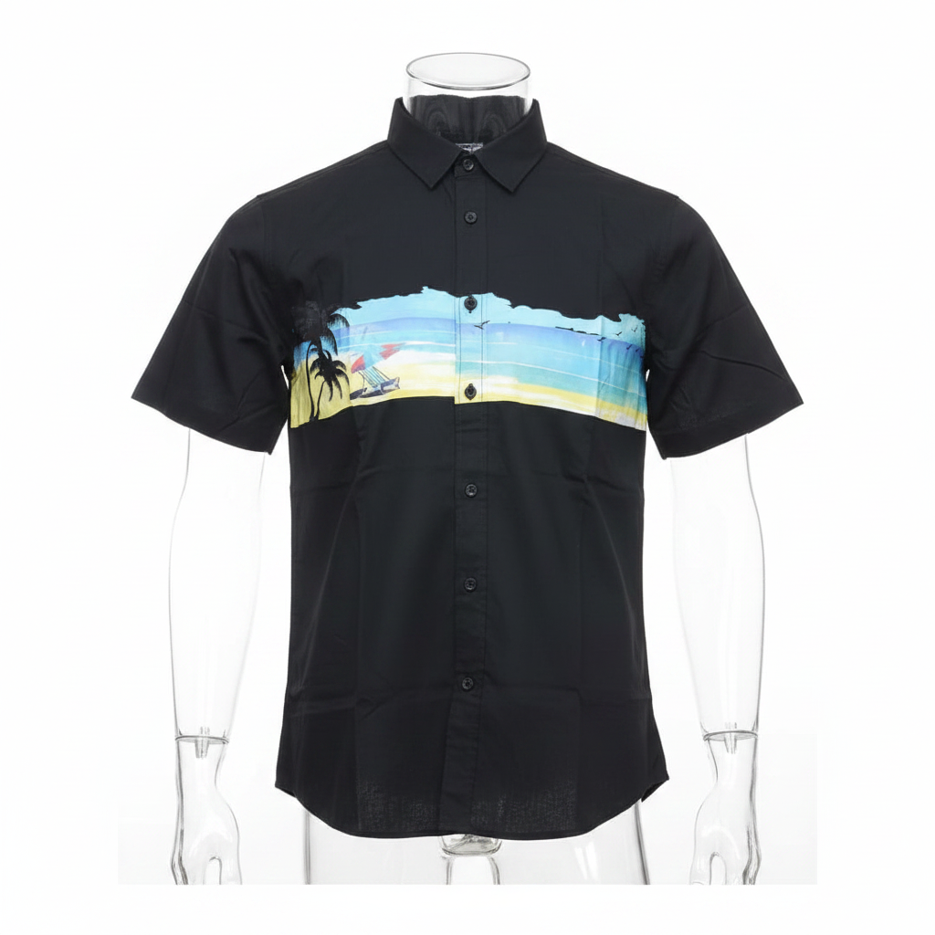 Black Tropical Print Short-Sleeved Shirt - Ghost Mannequin Front