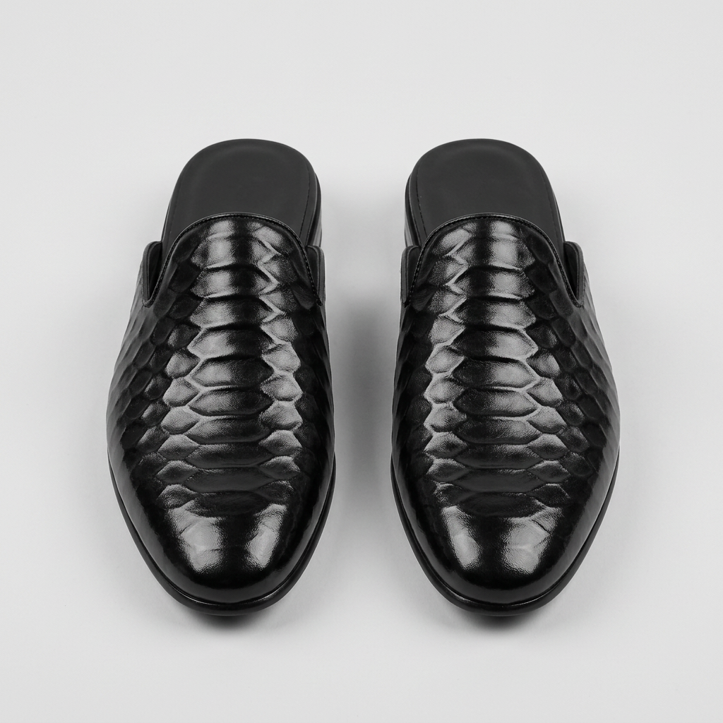 Men's black quilted-texture backless mules with heel, front view