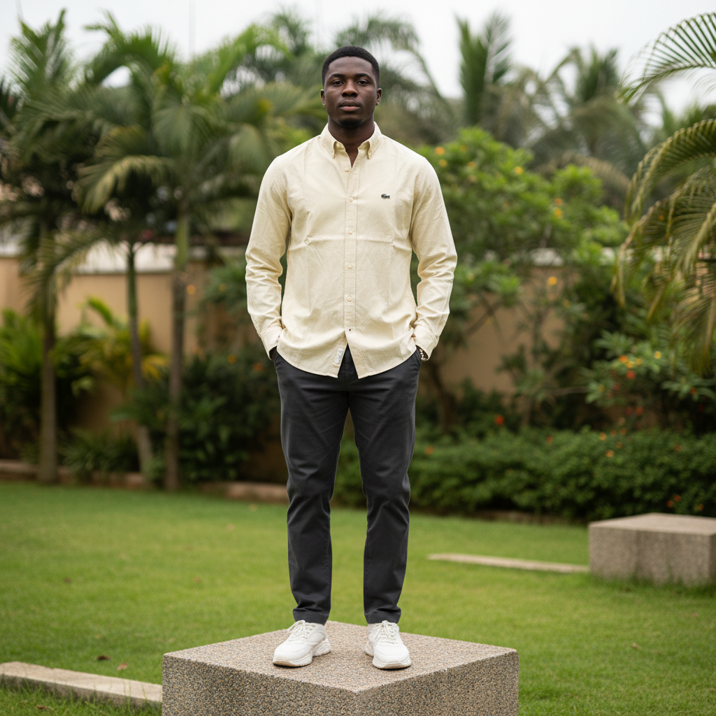 Nigerian male model wearing men's pale lemon yellow long-sleeve button-down casual shirt, garden setting