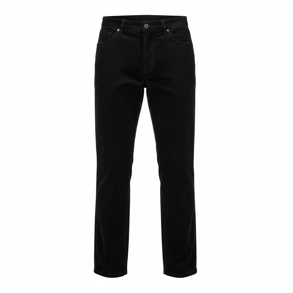 Black corduroy trousers on ghost mannequin, white background