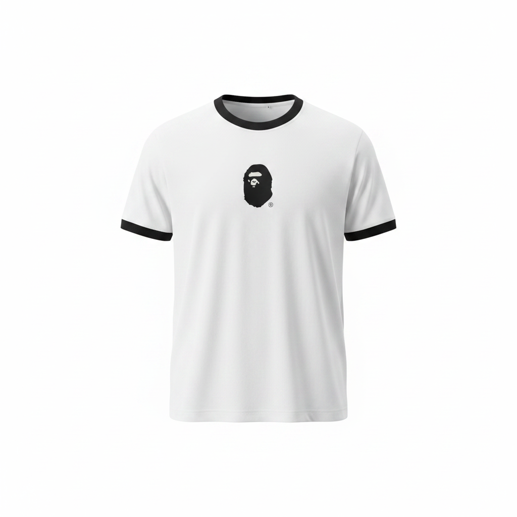 Men's White Black Trim Ringer T-Shirt Ape Graphic – Ghost Mannequin Front View