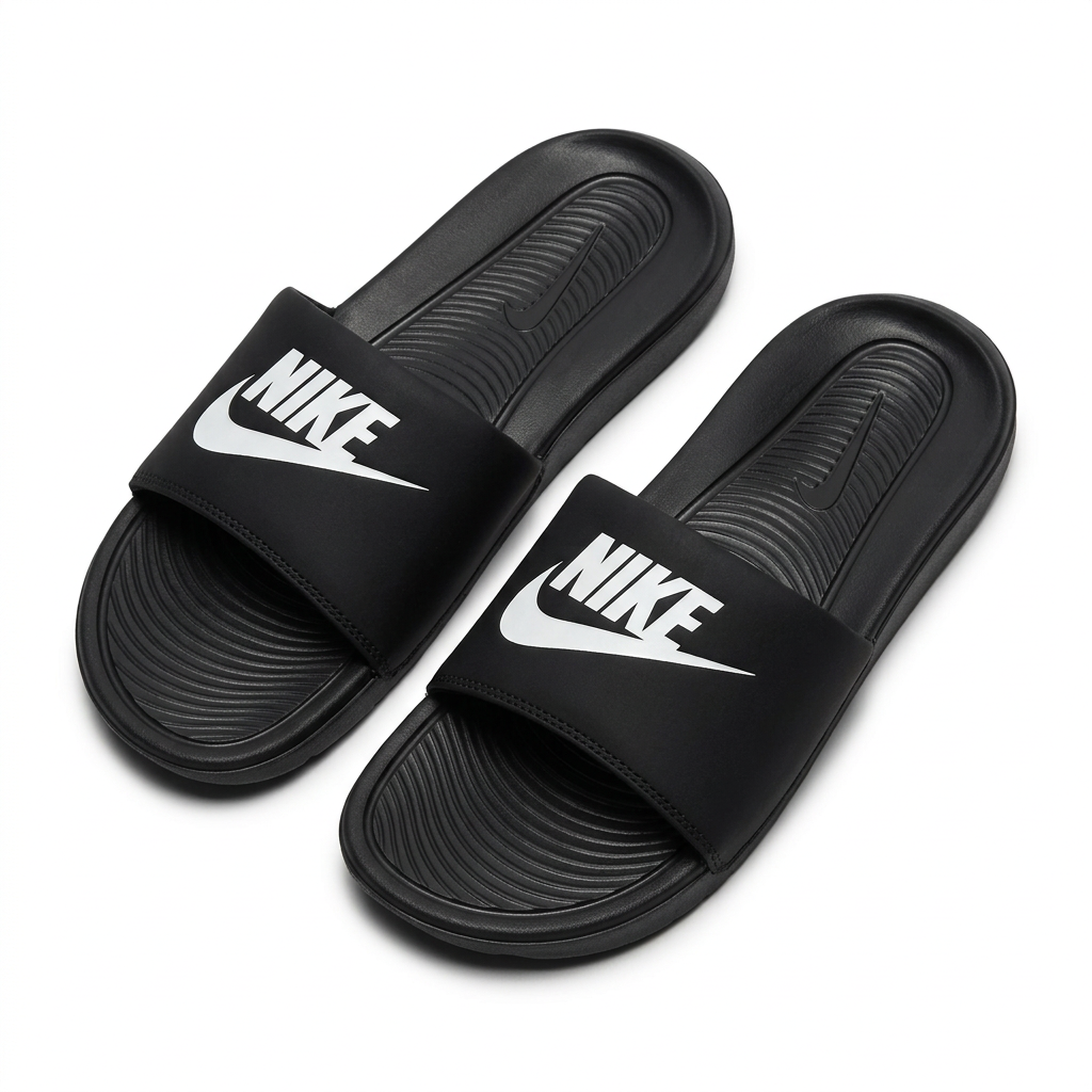 Pair of black white-graphic strap slides with ridged footbeds on white