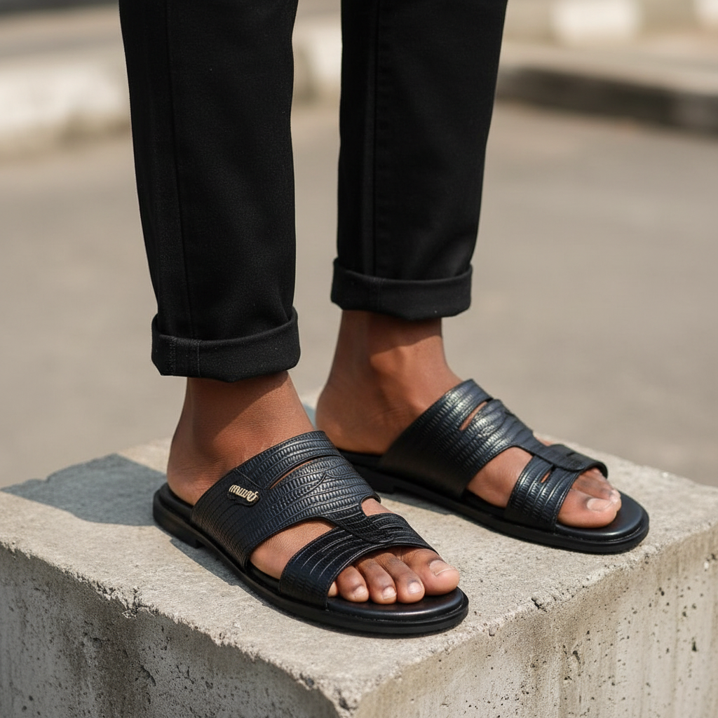 Leg focus shot of men's black lizard triple-strap leather flat slide sandals on Nigerian male model