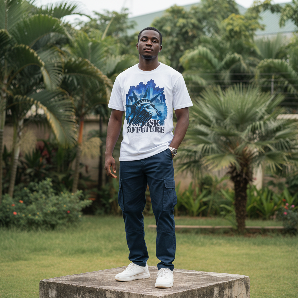 Nigerian male model wearing men's white cityscape graphic short-sleeve tee full body streetwear shot