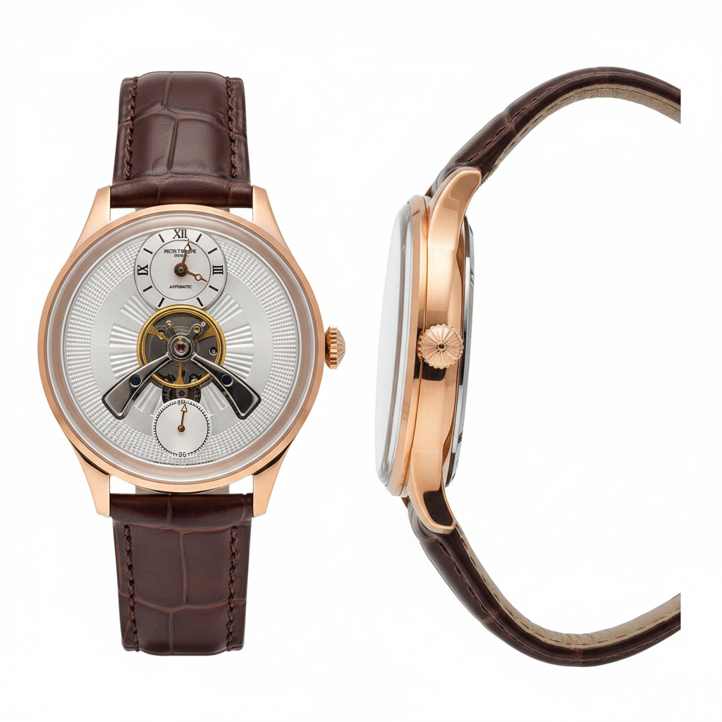 Men's Silver Dial Rose Gold Tourbillon Automatic Watch – Front and Side Ghost Mannequin View