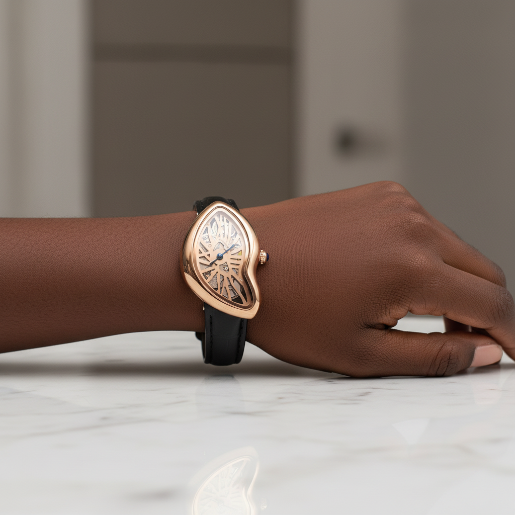 Black Nigerian woman wrist shot wearing asymmetric rose gold skeleton dial watch with black strap
