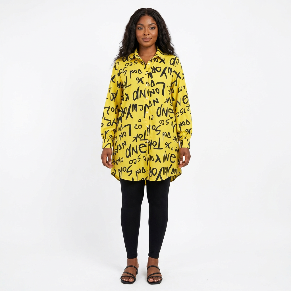 Full-body adult Black woman wearing a yellow letter-print longline shirt