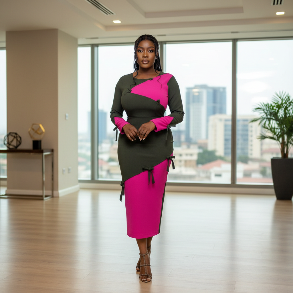 Nigerian female model in corporate office setting wearing Women's Dark Green & Hot Pink Diagonal Colour-Block Tie-Cuff Long-Sleeve Bodycon Midi Dress