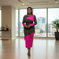 Nigerian female model in corporate office setting wearing Women's Dark Green & Hot Pink Diagonal Colour-Block Tie-Cuff Long-Sleeve Bodycon Midi Dress