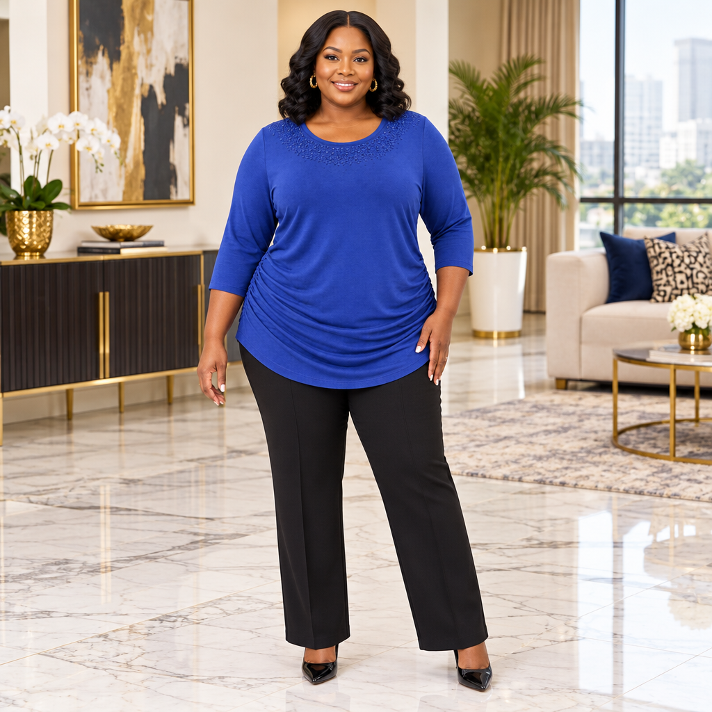 Model wearing royal blue beaded-neck ruched top