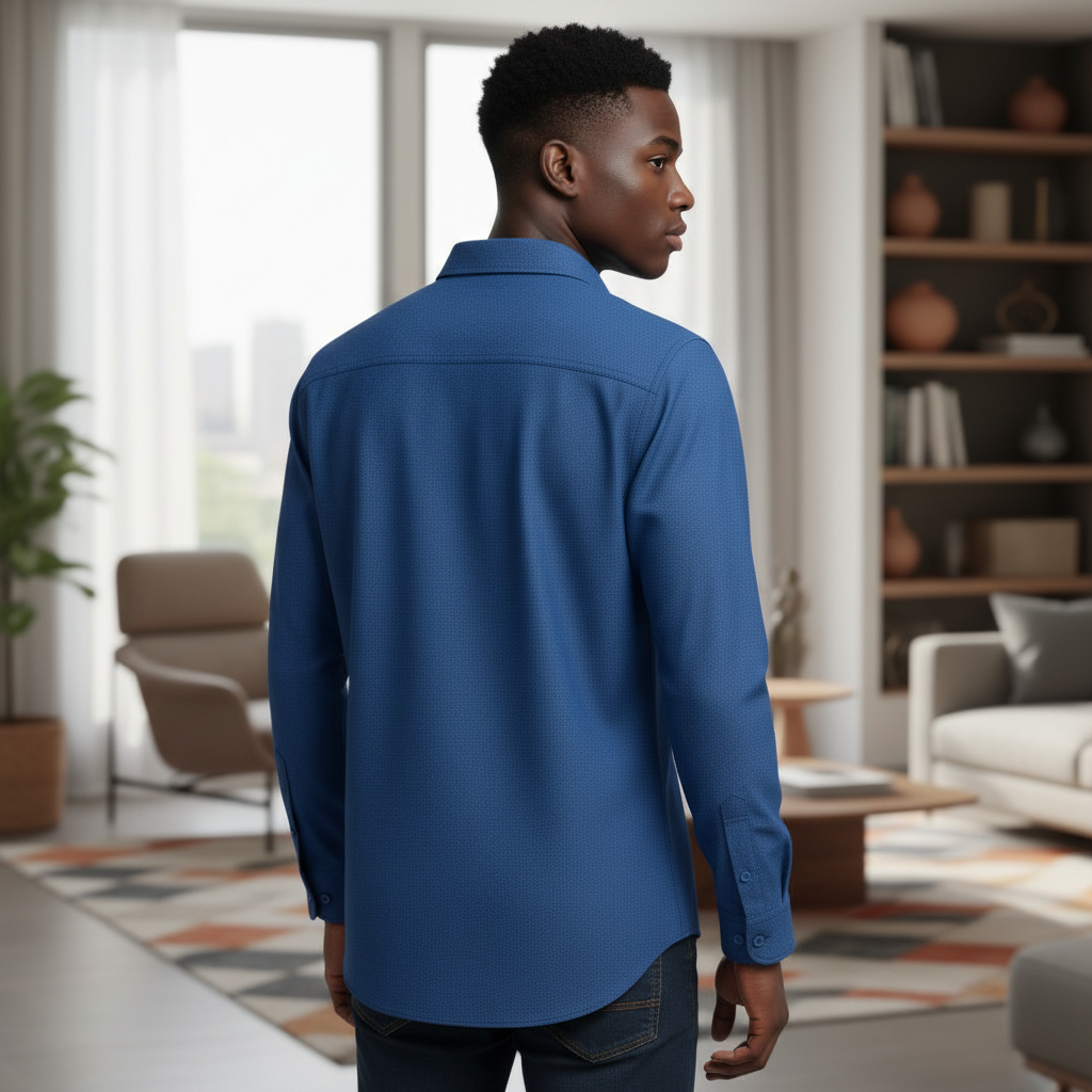 Men's Classic Blue Long-Sleeve Button-Down Shirt - Back View