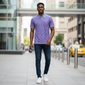 Young Nigerian male model wearing lavender ditsy floral grey collar polo shirt