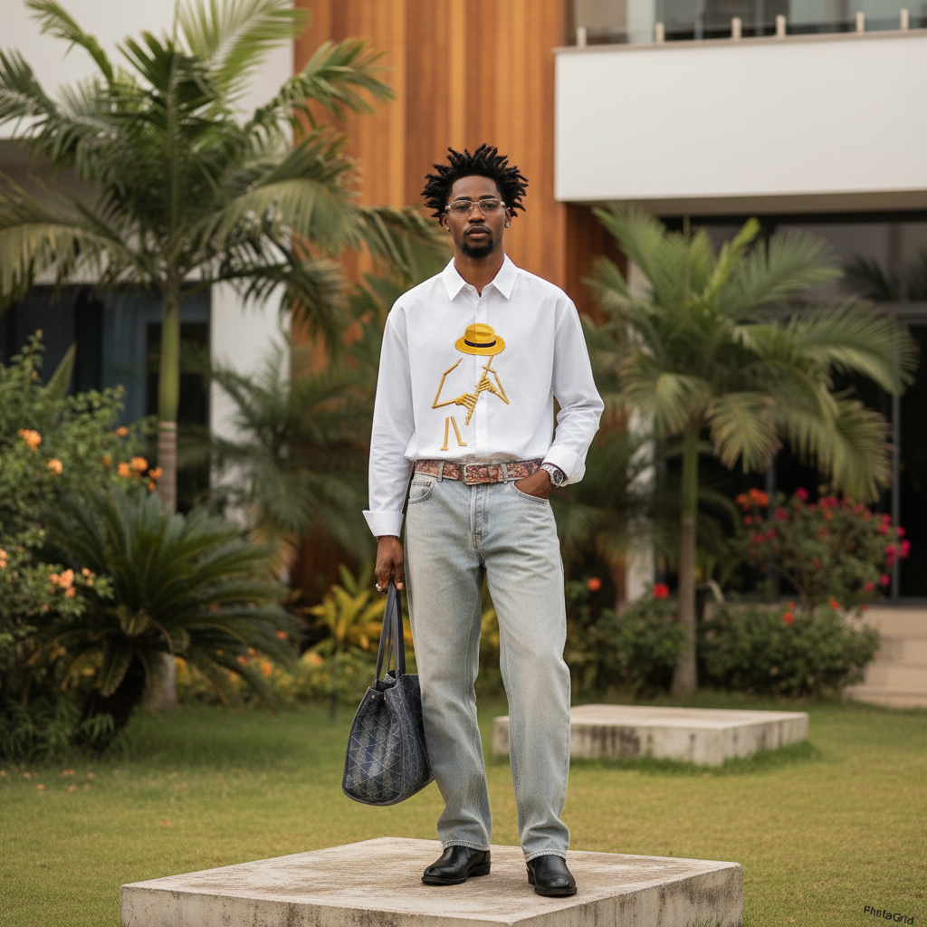 Nigerian male model wearing white fedora stick figure embroidered oversized long-sleeve shirt – full body lifestyle shot