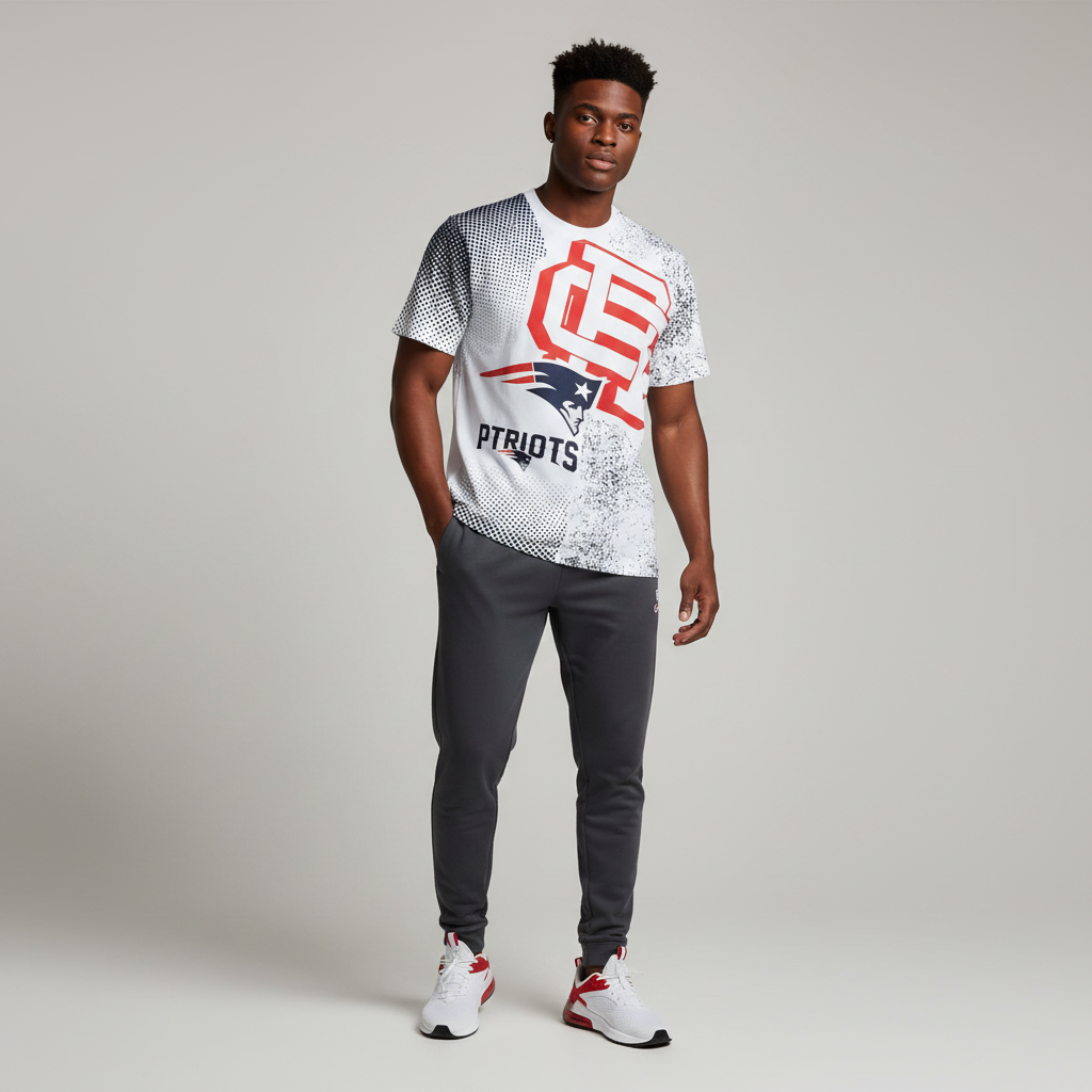 Young Nigerian male wearing white NFL New England Patriots all-over print tee