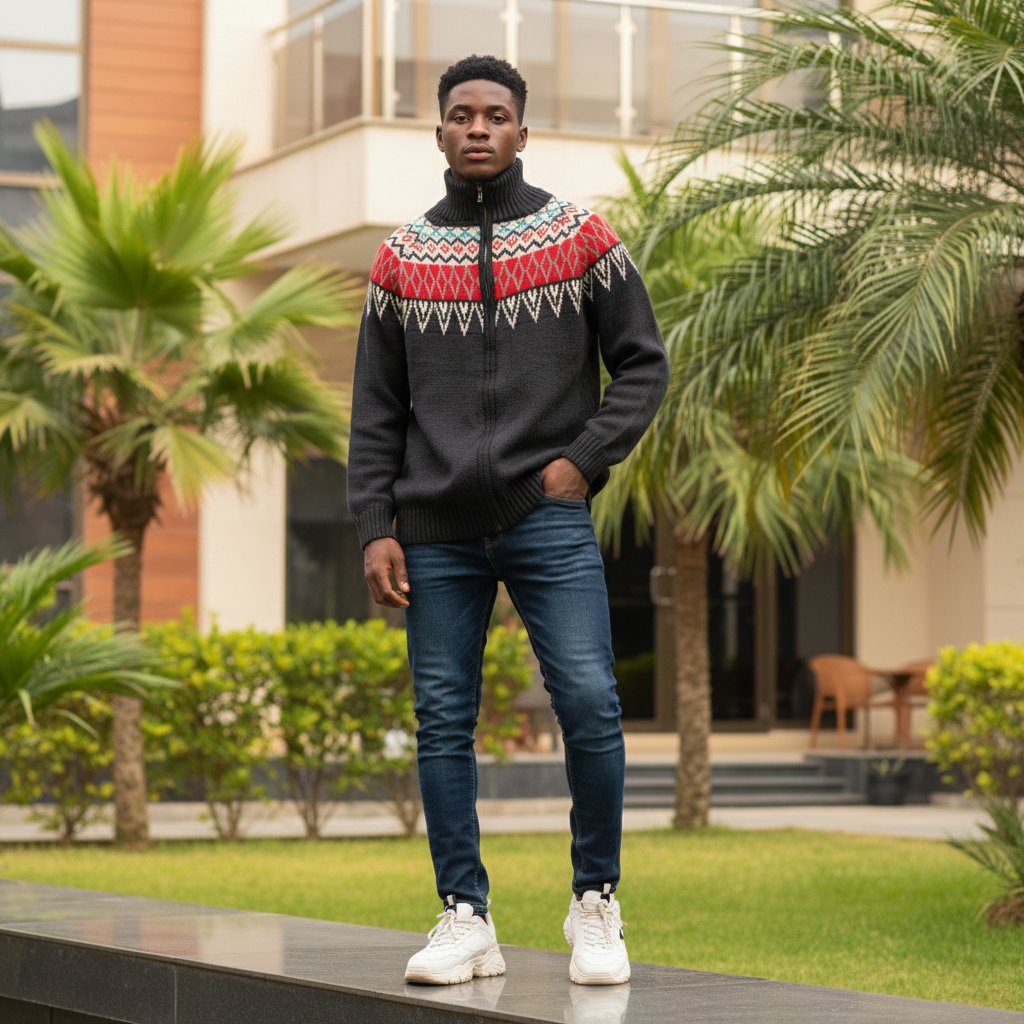 Nigerian male model wearing Fair Isle zip-neck jacquard knit sweater — full body street style
