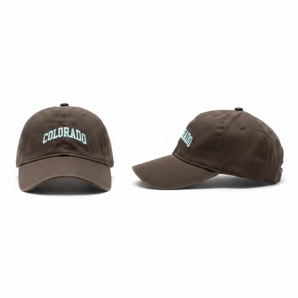 Dark brown COLORADO embroidered dad cap ghost mannequin front and side view