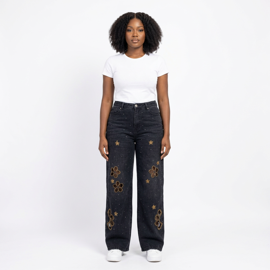 Black female model wearing dark floral cutout wide-leg jeans on a white studio background