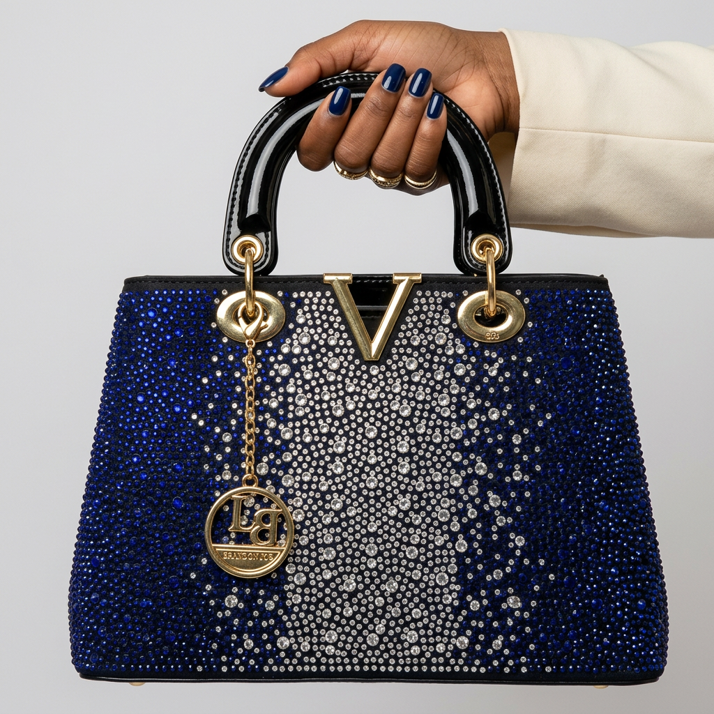 Manicured Black woman's hand holding deep blue and silver embellished handbag