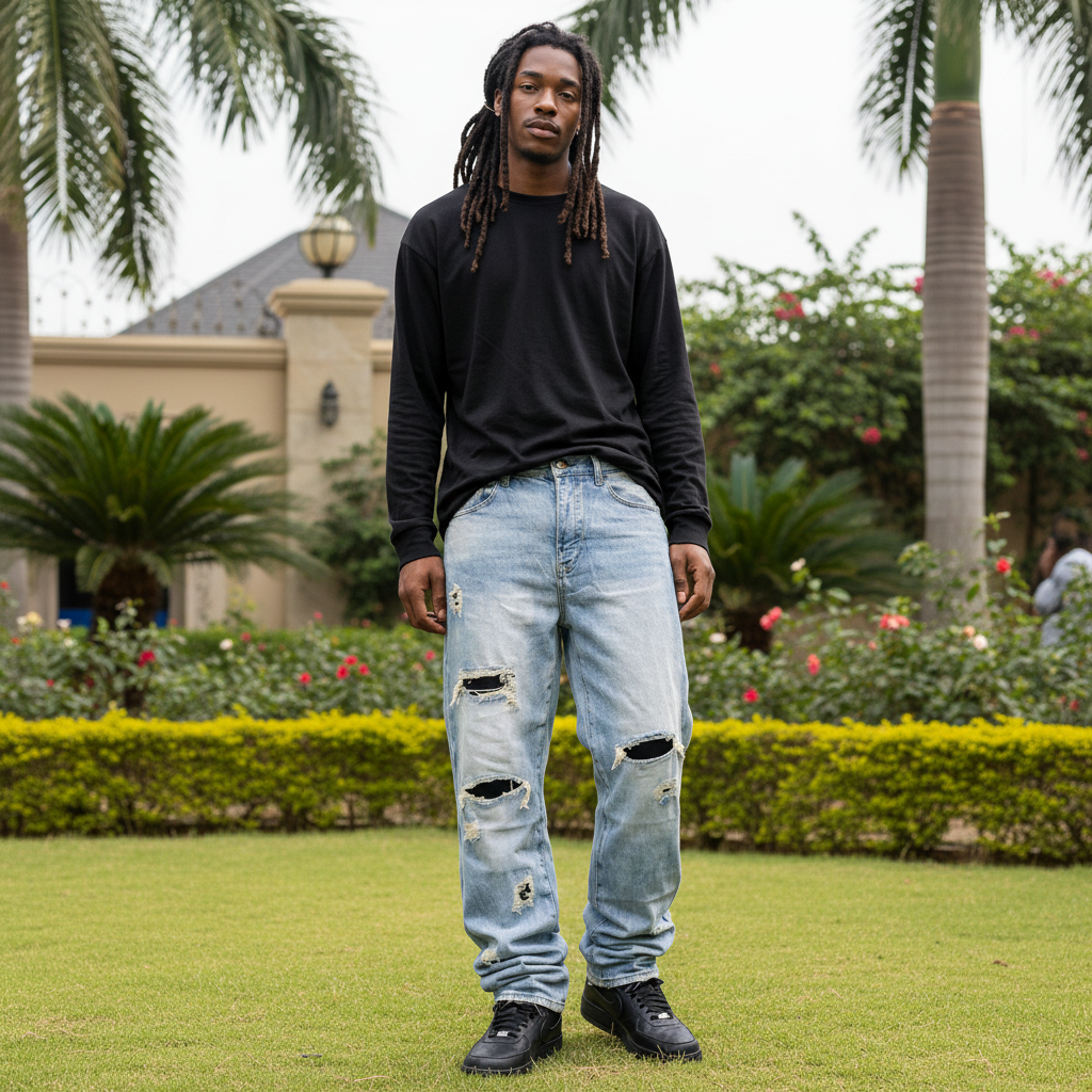 Nigerian male model wearing light blue heavy distressed multi-rip baggy denim jeans