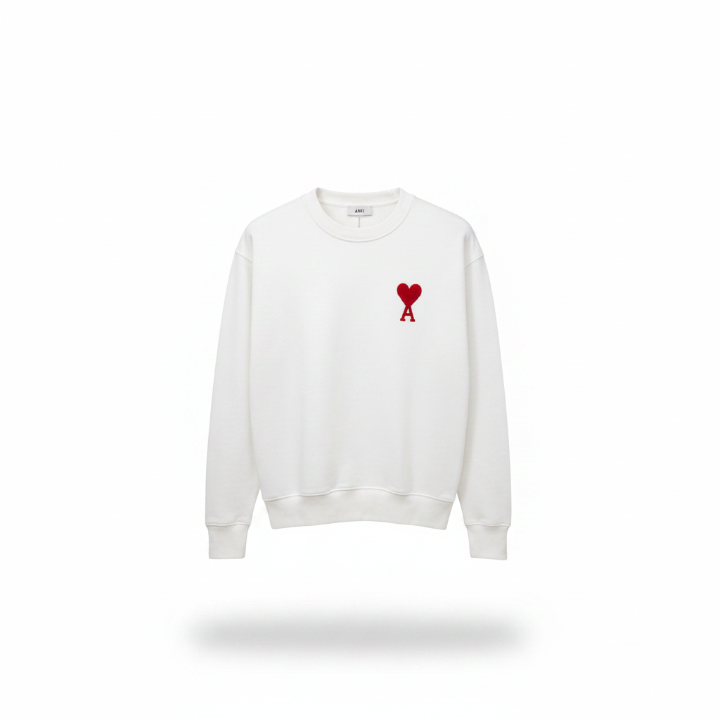 Men's White Red Heart Logo Round Neck Sweatshirt – Ghost Mannequin Front View