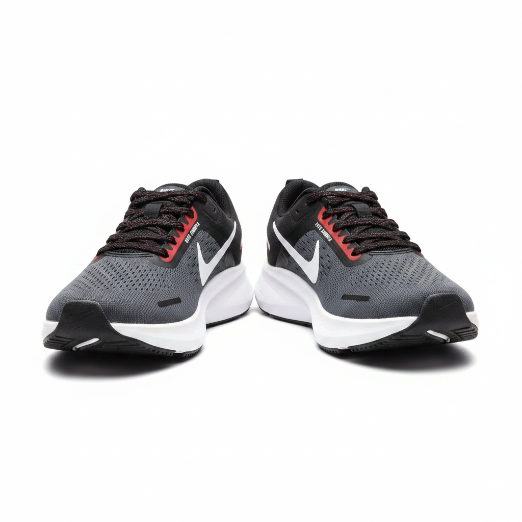 Men's dark grey and black athletic running sneakers ghost mannequin front view