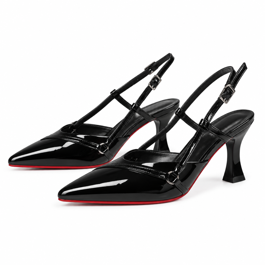 Black pointed T-strap slingback heels pair