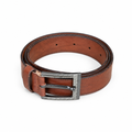 Cognac-brown leather belt with rectangular silver-tone buckle on white