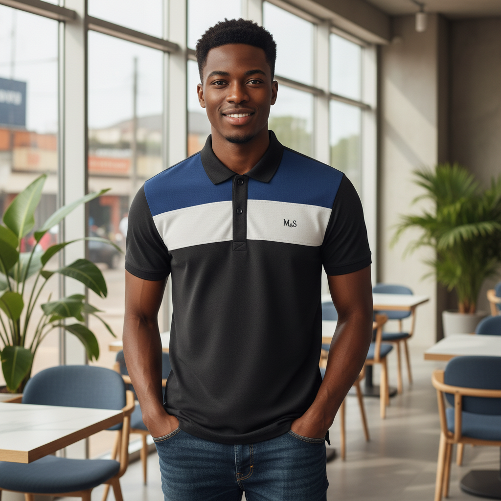 Young Nigerian male model wearing black blue white colour-block polo shirt