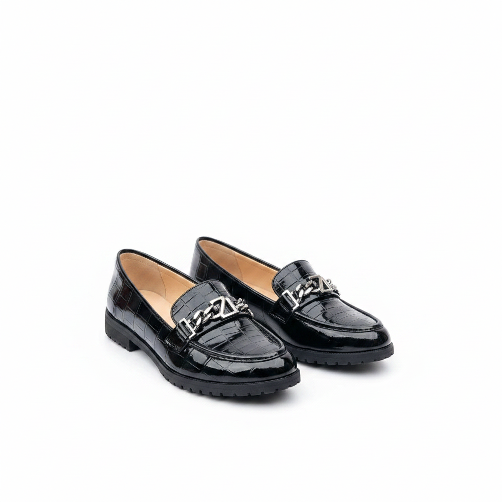 Layinka Store Black Croc Patent Letter-Chain Loafers – Catalog Shot