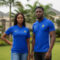Nigerian female and male models wearing royal blue polo collar football jersey with white side panels
