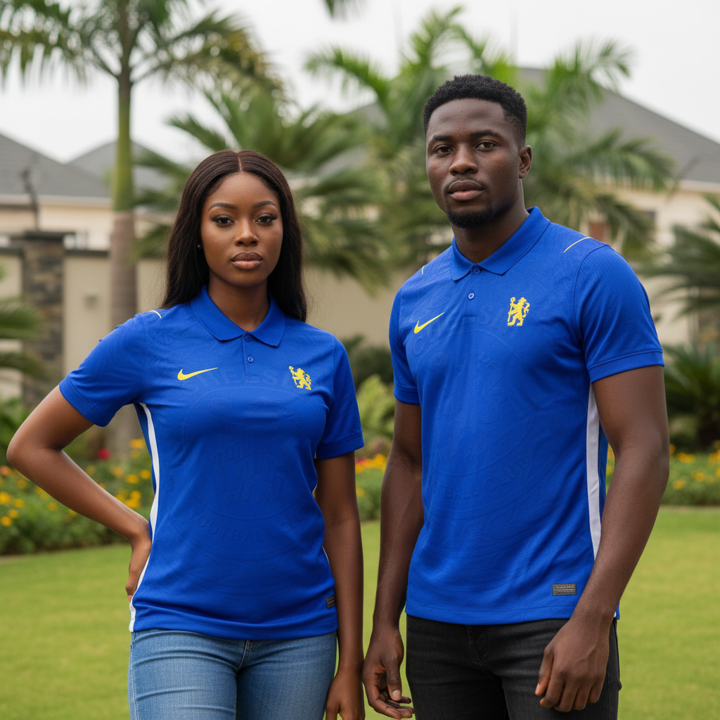 Nigerian female and male models wearing royal blue polo collar football jersey with white side panels