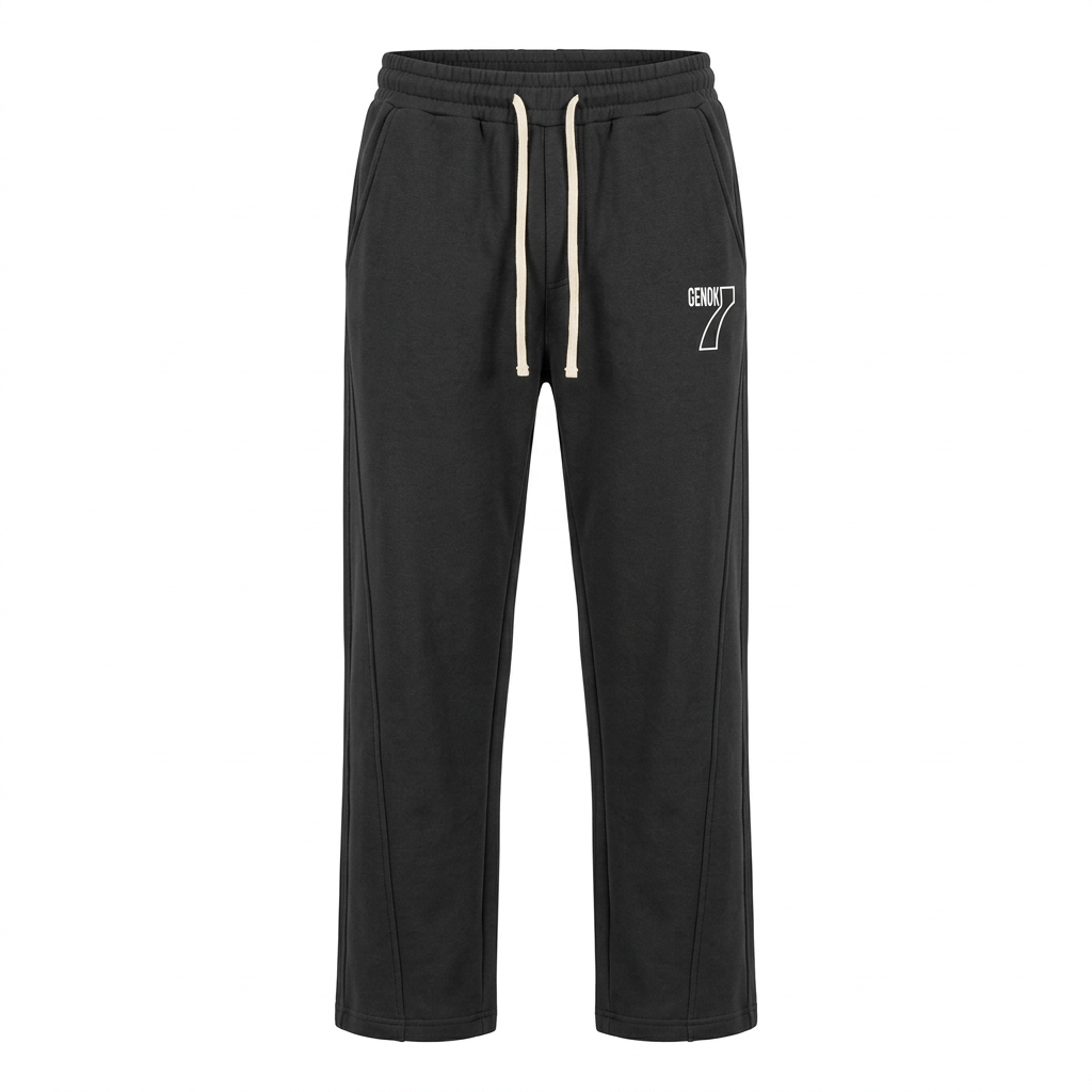 Men’s black number-print joggers with cream drawstrings, generated ghost mannequin view