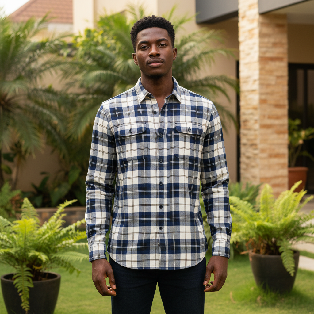 Young Nigerian male wearing navy cream grey buffalo check long sleeve shirt with twin chest pockets