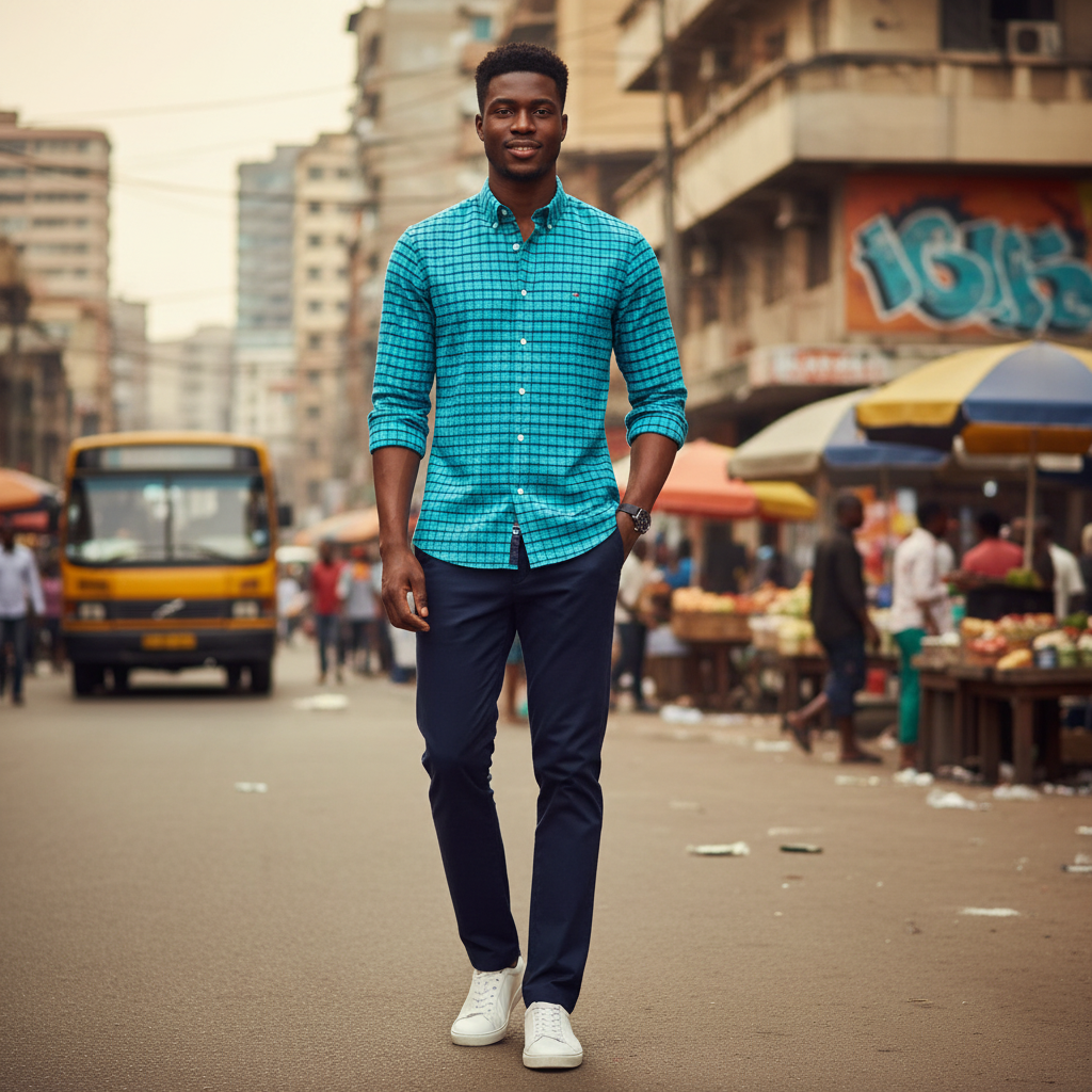 Young Nigerian male wearing teal check slim fit long sleeve shirt