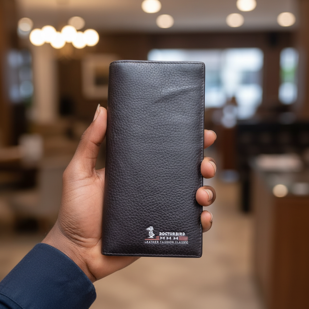 Male model hand holding leather wallet