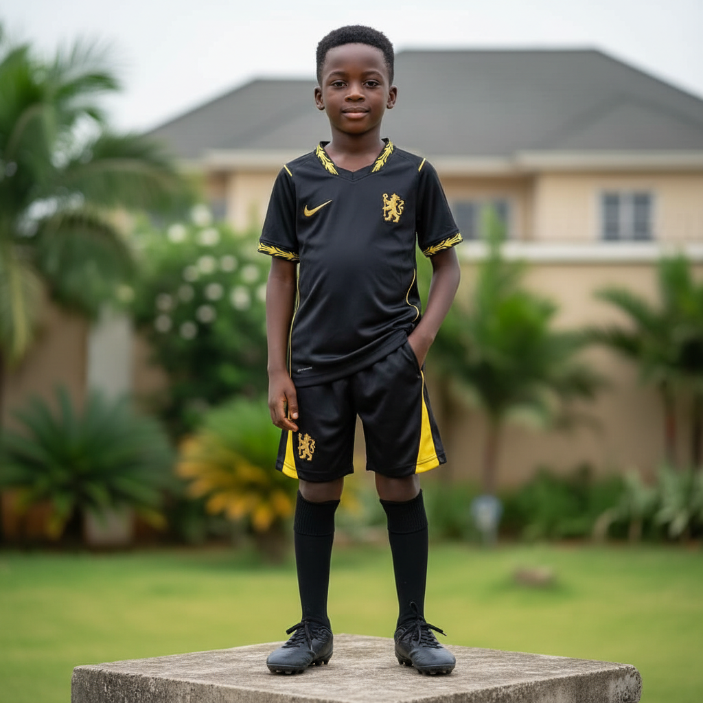 Nigerian child model wearing black & gold football jersey set with black football boots