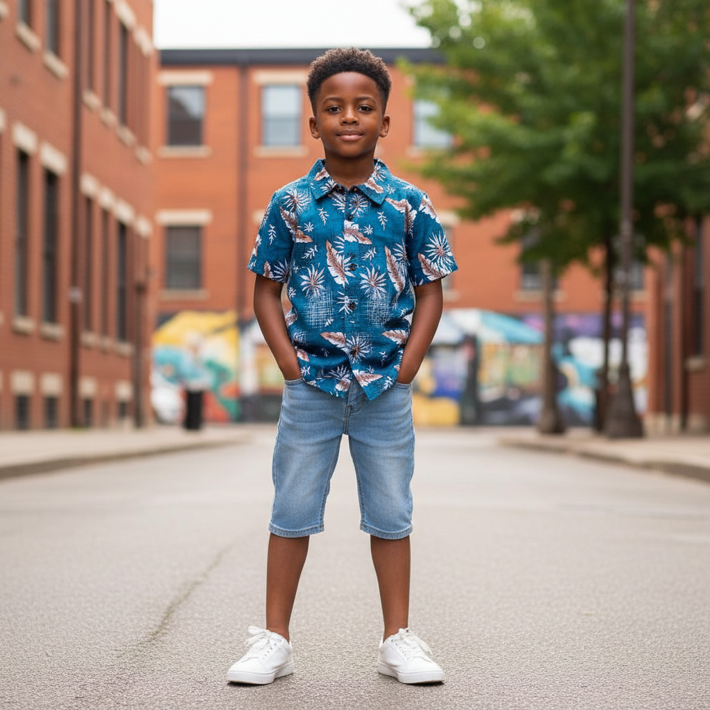 Young Nigerian boy wearing teal tropical floral print shirt